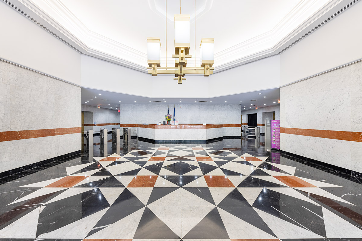 Architectural interior with geometric stone flooring