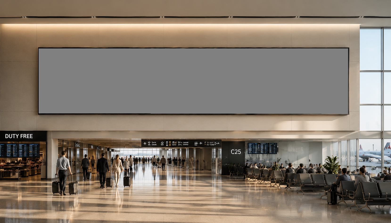 Large moving artwork displayed across an airport concourse