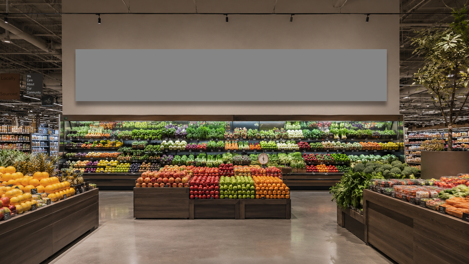 Real-time animated artwork installed above a produce market